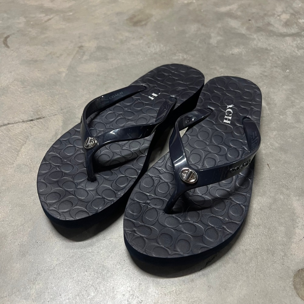 Coach Abbigail Navy Blue Signature Monogram Flip Flop Sandals Women 7B A01818